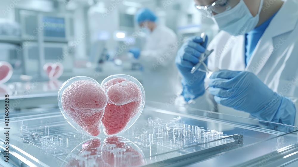 Poster a scientist examines heart models in a lab, focusing on innovative research in biotechnology and org