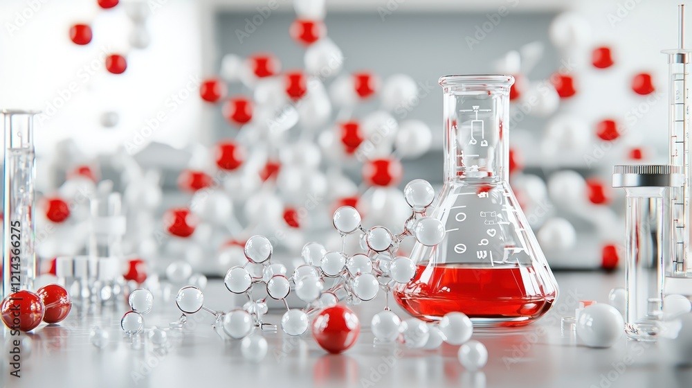 Poster a laboratory scene featuring glassware with a red liquid surrounded by floating molecular structures