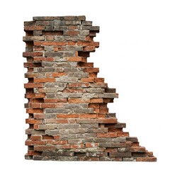 Obraz premium Broken Brick Wall Isolated on White Background – Cracked and Damaged Wall Texture