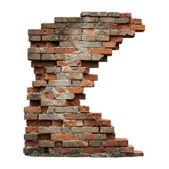 Obraz premium Broken Brick Wall Isolated on White Background – Cracked and Damaged Wall Texture