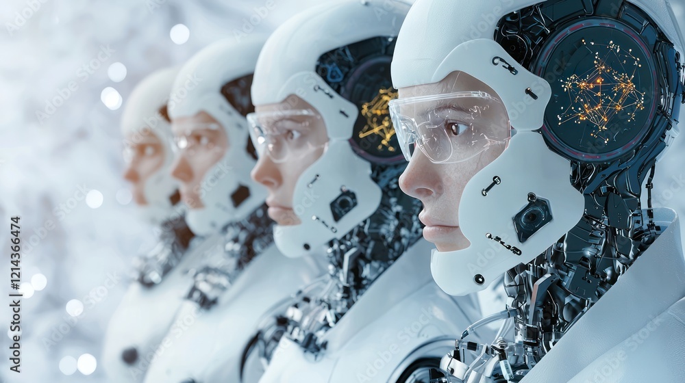 Poster a close-up view of humanoid robots with sleek designs, showcasing their futuristic features and tech