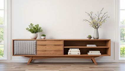 A chic wooden sideboard with horizontal planks rests against a pristine white wall, offering an elegant display space on its open left shelf. Its minimalist design exudes modern sophistication and fun