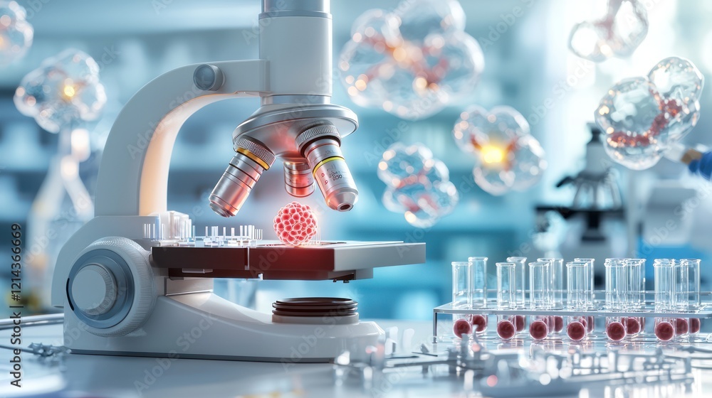 Poster a high-tech microscope is surrounded by laboratory glassware and molecular structures, symbolizing a