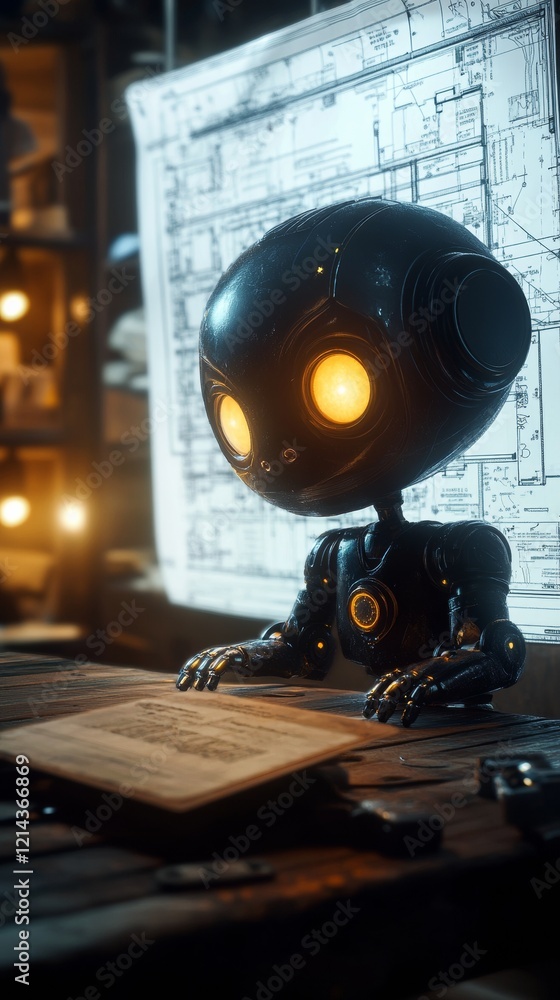 Aufkleber small, cute robot working on a project in a dimly lit workshop, studying a blueprint displayed on th