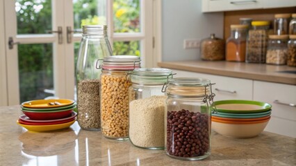 A creative assortment of glass jars filled with es and grains adorns the countertops adding practicality and charm while vibrant dishware peeks from behind transparent doors.