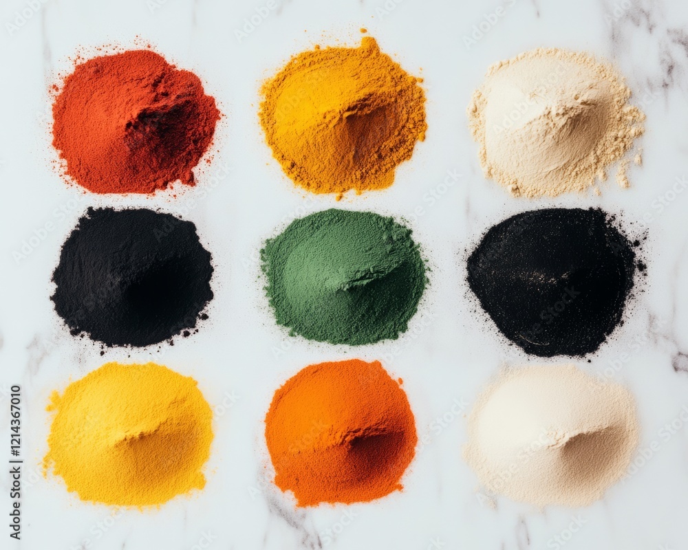 Poster variety of spices are shown in different colors and sizes. the spices are arranged in a grid pattern