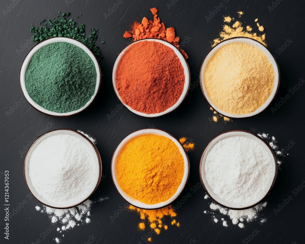 Poster variety of spices are displayed in bowls on a black surface. the bowls are arranged in a row, with e