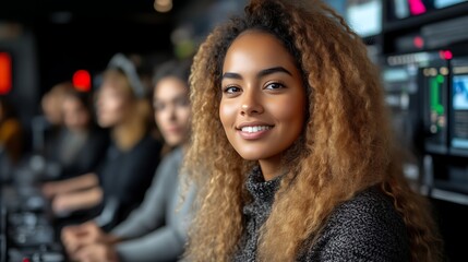 Confident young woman smiling in a control room.
