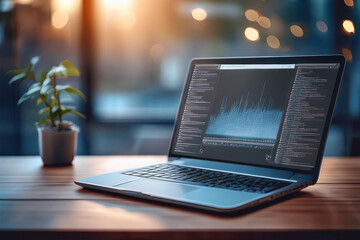 Una computadora portátil plateada ultradelgada sobre un escritorio de madera, con un teclado brillante y una pantalla de alta resolución que muestra una interfaz de codificación, luz natural de una ve