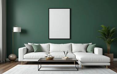 A minimalist living room with a deep forest green wall, showcasing a framed poster mockup in a pure white frame with a black border. The poster is ISO A paper size, centered above a white modular sofa