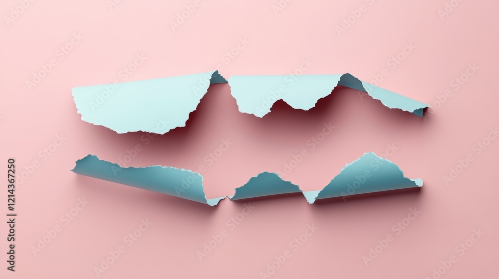 Aufkleber light blue torn paper with ripped edges on a pink background creating negative space for copy