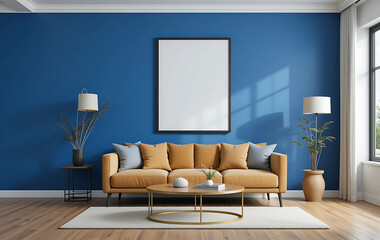 A minimalist living room with a cobalt blue wall, showcasing a framed poster mockup in a pure white frame with a black border. The poster is ISO A paper size.