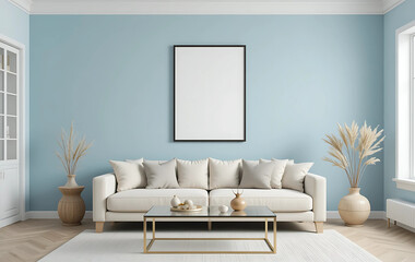 A minimalist living room with a powder blue wall, showcasing a framed poster mockup in a pure white frame with a black border. The poster is ISO A paper size, centered above a soft beige velvet sofa. 
