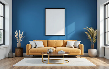 A minimalist living room with a cobalt blue wall, showcasing a framed poster mockup in a pure white frame with a black border. The poster is ISO A paper size.