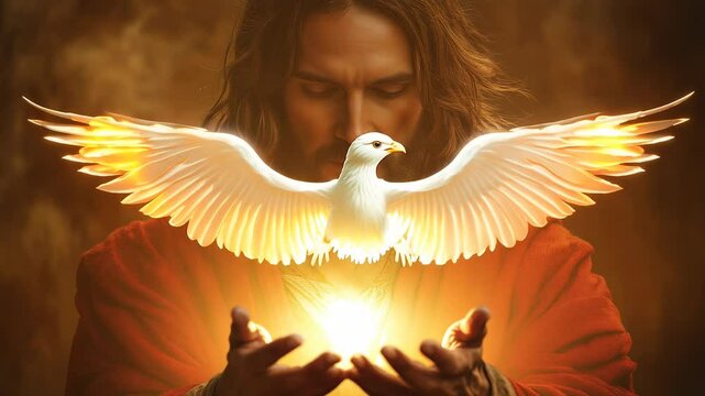 In a serene moment, Jesus with brown hair and a beard holds a glowing dove between his hands, symbolizing peace and spirituality. The warm light enhances the divine atmosphere around him.