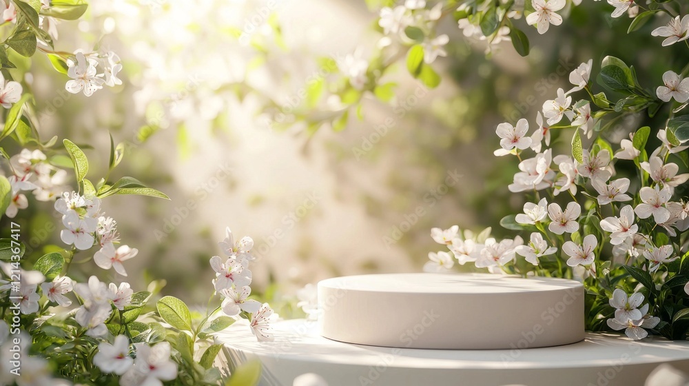 Poster a beautiful podium is elegantly embraced by delicate white flowers, creating a serene atmosphere. su