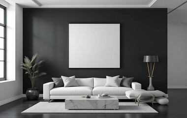 A minimalist living room with a charcoal black wall, showcasing a framed poster mockup in a pure white frame with a black border. The poster is ISO A paper size.