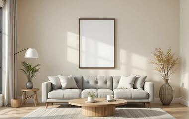 A minimalist living room with a creamy buttermilk wall, showcasing a framed poster mockup in a pure white frame with a black border. The poster is ISO A paper size, centered above a grey tufted sofa. 