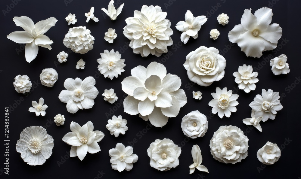 Poster collection of white flowers are displayed on a black background. the flowers are arranged in various