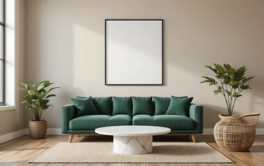 A minimalist living room with a creamy taupe wall, showcasing a framed poster mockup in a pure white frame with a black border. The poster is ISO A paper size.