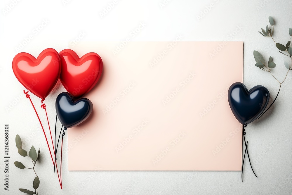 Poster white background with a pink frame and a heart balloon on the left side. there are three red hearts 