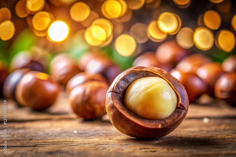 Poster isolated macadamia nut with bokeh background - high-resolution stock photo