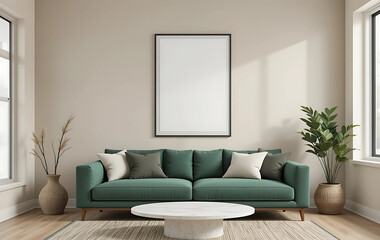 A minimalist living room with a creamy taupe wall, showcasing a framed poster mockup in a pure white frame with a black border. The poster is ISO A paper size.