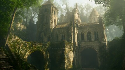 Ancient Stone Ruins in Misty Forest