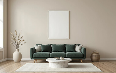 A minimalist living room with a creamy taupe wall, showcasing a framed poster mockup in a pure white frame with a black border. The poster is ISO A paper size.