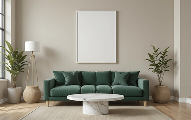 A minimalist living room with a creamy taupe wall, showcasing a framed poster mockup in a pure white frame with a black border. The poster is ISO A paper size.