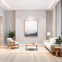 Frame mockup, ISO A paper size. Poster mockup on living room wall. Interior mockup with modern minimalist living room design. A bright, elegant space with a white sofa,