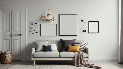 Mock up poster frame in modern living room interior, 3d render