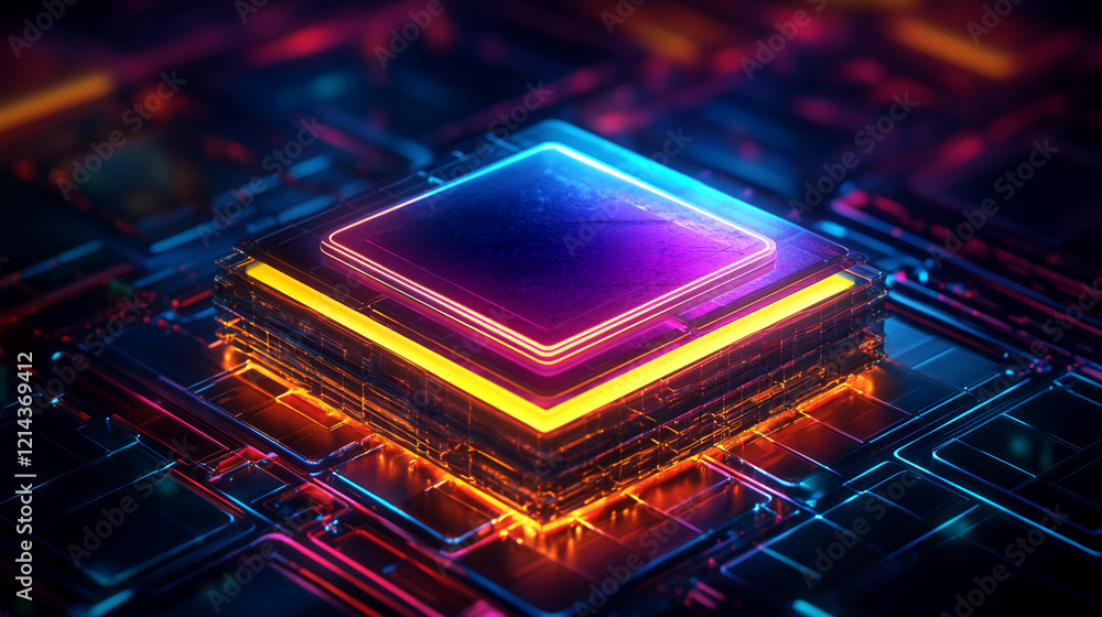 Poster Neon glowing circuit board with illuminated processor, futuristic technology concept