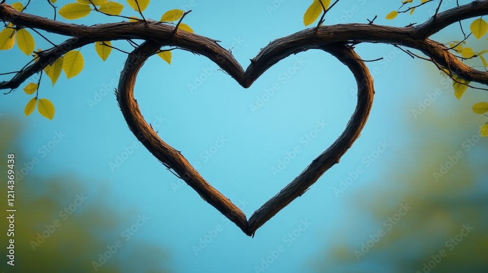 Poster branch with a heart shape carved into it. the heart is surrounded by leaves and the branch is green.