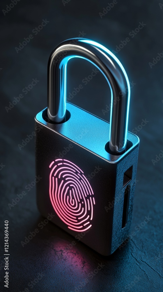Poster padlock with fingerprint sensor is glowing in the dark, representing data protection and cybersecuri
