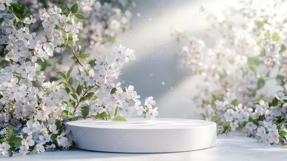 Poster beautiful white flowers bloom profusely around a sleek, circular podium in a serene spring atmospher