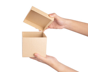 Female hand holding gift box isolated on white background