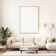 Frame mockup, ISO A paper size. Poster mockup on living room wall. Interior mockup with modern minimalist living room design. A bright, elegant space with a white sofa,
