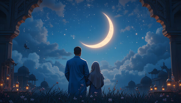 Back View of Muslim Family Viewing the Moon: Ramadan Mubarak Night Scene