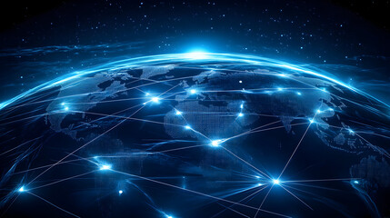 Obraz premium Global Network Connections Digital Earth Abstract Technology Background Futuristic World Map Blue Illuminated Lines Bright Glowing Nodes International Communication Data 