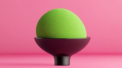 Small green ball sits in a black bowl on a pink background. The bowl is round and the ball is a vibrant shade of green. The pink background adds a pop of color to the scene