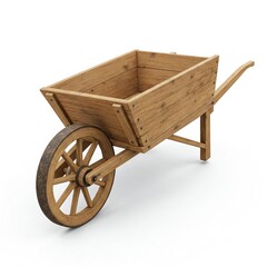 A close-up, high-key studio shot of a rustic wooden wheelbarrow with a single wooden wheel, isolated on a white background