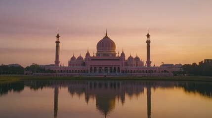 A panoramic view of the monument in front, featuring serene water and reflections during sunrise. The majestic Putra Mosque stands tall against a pastel sky, creating an enchanting scene that captures