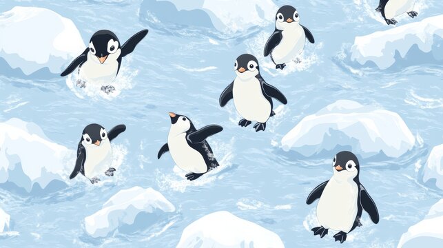 Fototapeta Playful baby penguins swimming, waddling near ice floes in pristine Antarctic waters, creating seamless pattern