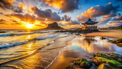 Jeju Island Sunrise Beach: Golden Hour Coastal Scene, South Korea