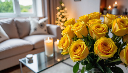 Cozy living room with yellow roses and candles, warm ambiance