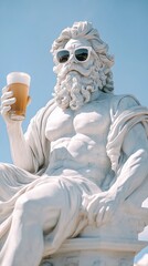 Marble statue of a Greek God wearing sunglasses and holding a glass of beer against a blue sky