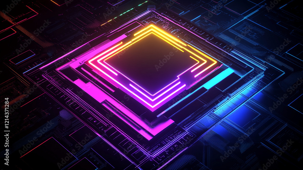 Poster vibrant neon illuminated processor on futuristic circuit board, digital technology design