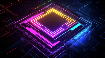 Vibrant neon illuminated processor on futuristic circuit board, digital technology design