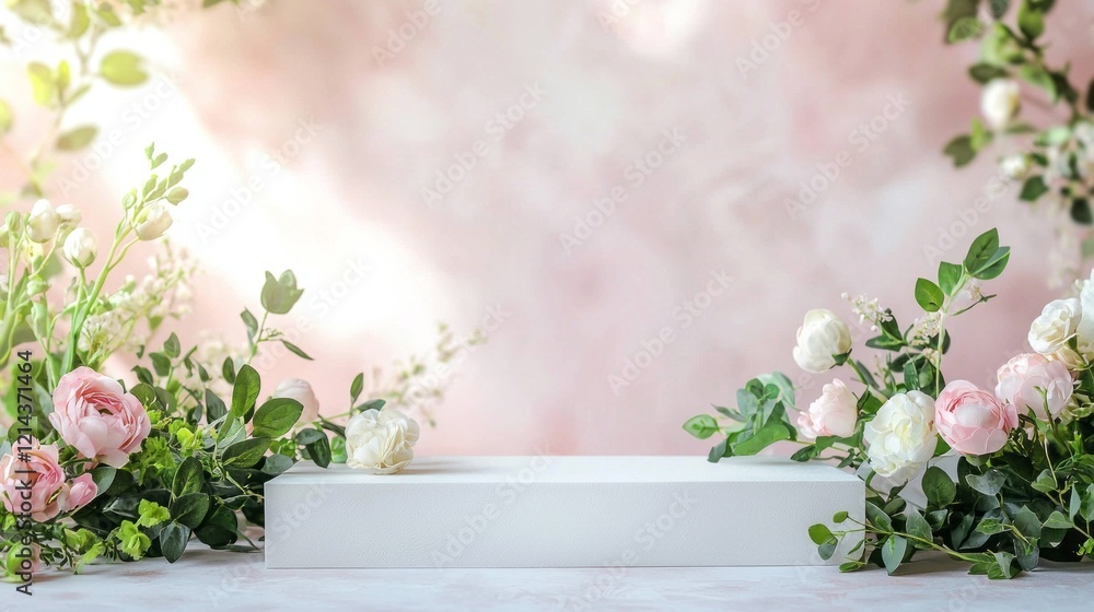 Poster A pristine podium is surrounded by lush greenery and delicate blush blooms, creating an enchanting atmosphere perfect for showcasing artistry or products. Natural light enhances the elegant setup